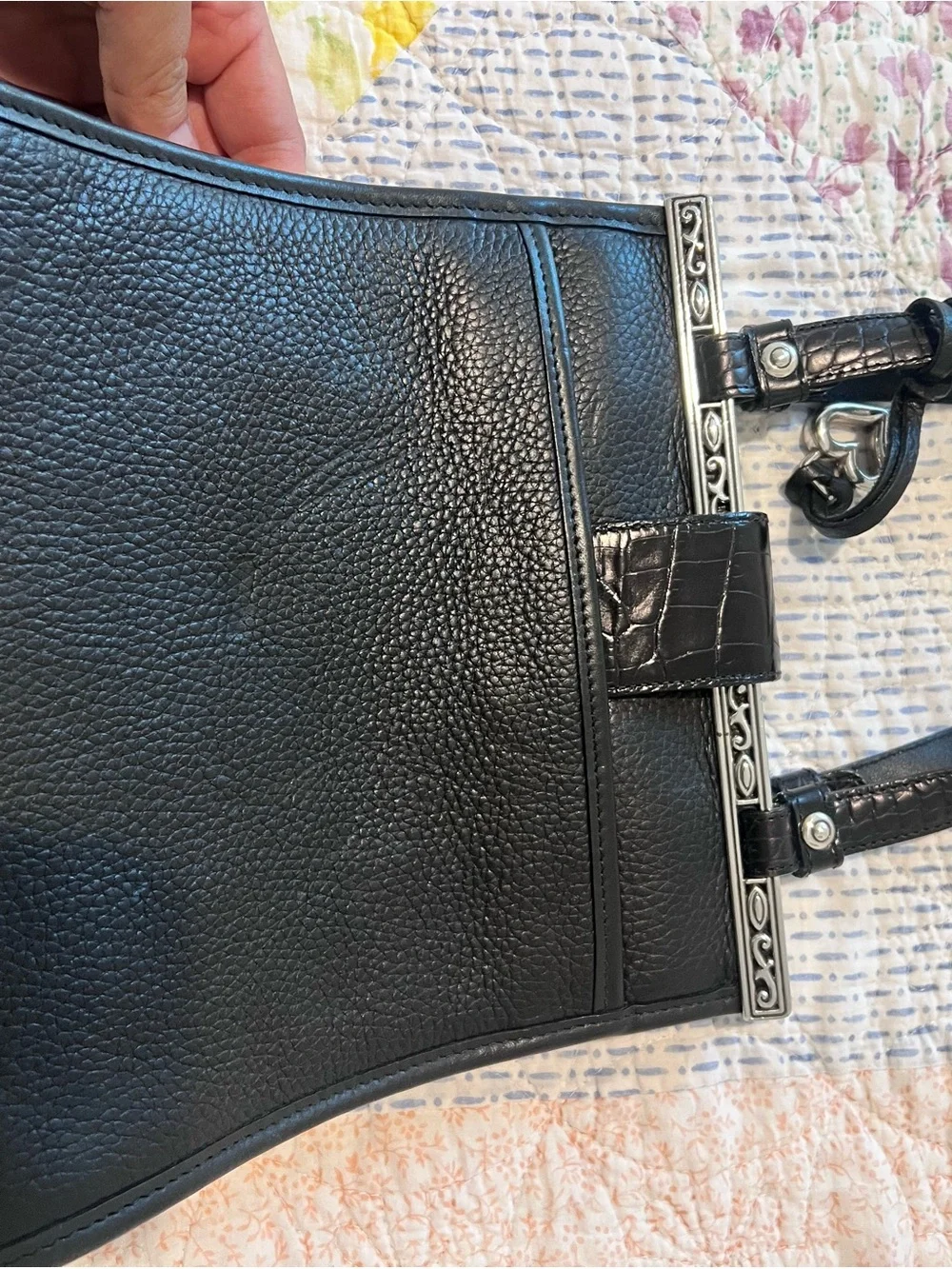 Brighton Black Leather Croc Embossed Handbag